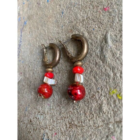 Vintage Earrings Hoop Faux Stone Red Silver Tone Pierced - Picture 7 of 7
